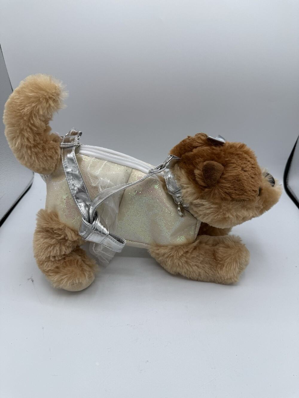 Capelli Kids Plush Puppy Dog Purse White Sparkle Dress Silver Strap NWT